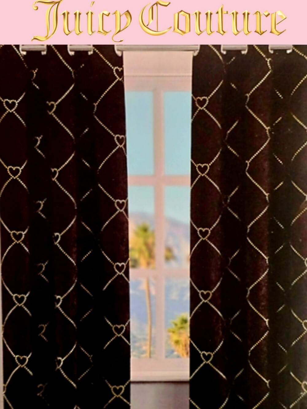 Juicy Couture Home 2-Faux Suede Darkening Gold Heart Chain Pattern Window Panels